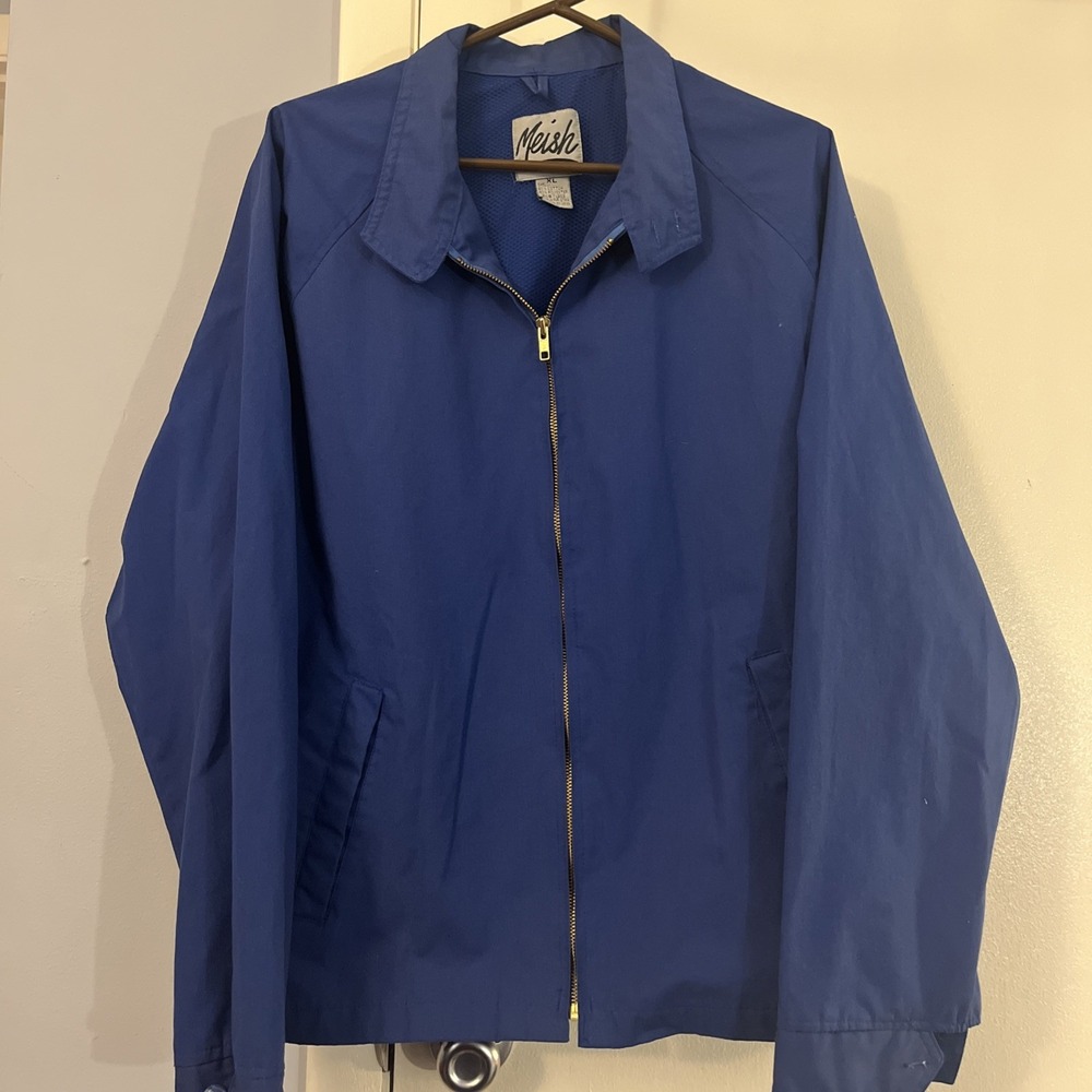 XL Meish Blue Jacket Sportswear Poly Cotton Vintage Mesh Lining Button Cuff Mesh